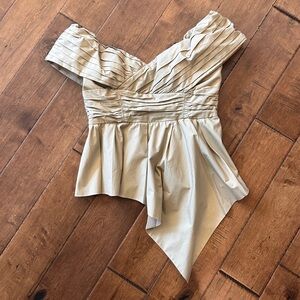 Self-Portrait Pleated Draped Off-Shoulder Top in Beige